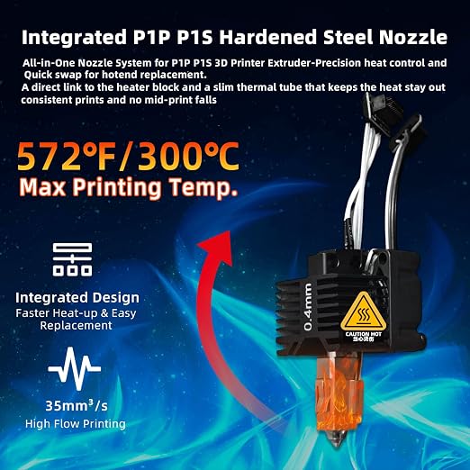 Bambuu Lab P1P P1S Hotend Complete Kit, 0.4MM Hardened Steel Nozzle Full Assembly with Fan, Ceramic Heater, Nozzle, Thermistor, Extruder Heating Block Replacement for Bambu Lab P1 3D Printer