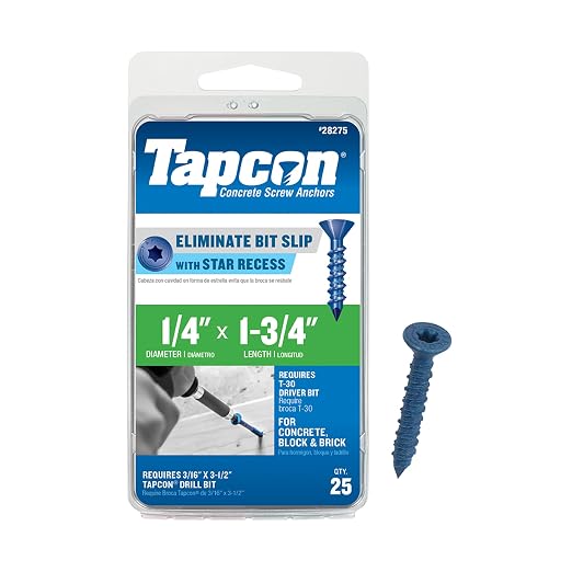Tapcon 1/4 x 1-3/4 Inch Blue Climaseal® Star Head Concrete Anchors, 25 PCS, Corrosion Resistant Coating, Heavy-Duty Concrete and Masonry Screws, Superior Holding Strength, Drill Bit Sold Separately