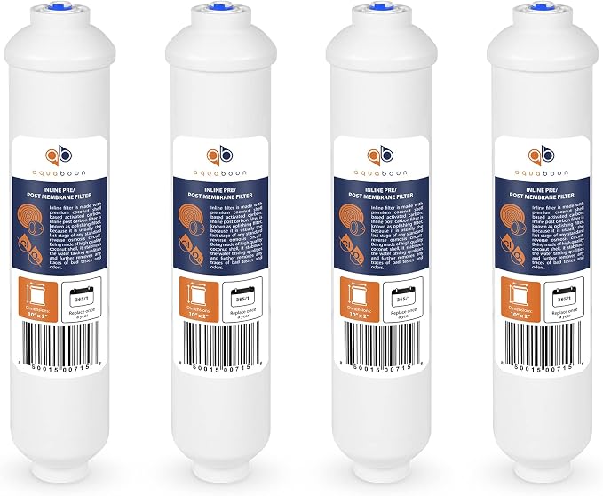 Aquaboon T33 Inline Post Activated Carbon Water Filter for Refrigerator, Ice Maker w/Quick Connect for 1/4 Water Line Compatible with ICF-10, 4-Pack