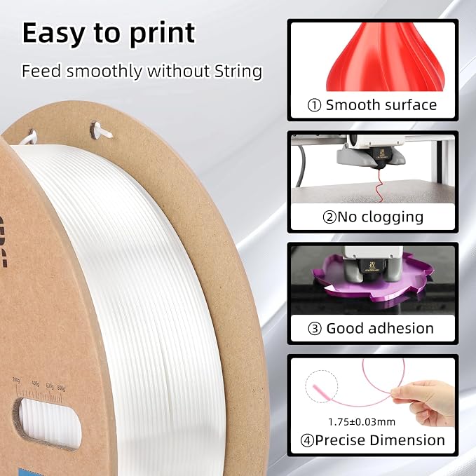 3DHoJor Silk PLA Filament 1.75mm, PLA Filament 1.75mm Silk Shiny 3D Printer Filament, 1kg Cardboard Spool (2.2lbs), Dimensional Accuracy +/- 0.03 mm, Fit Most FDM Printer（White）