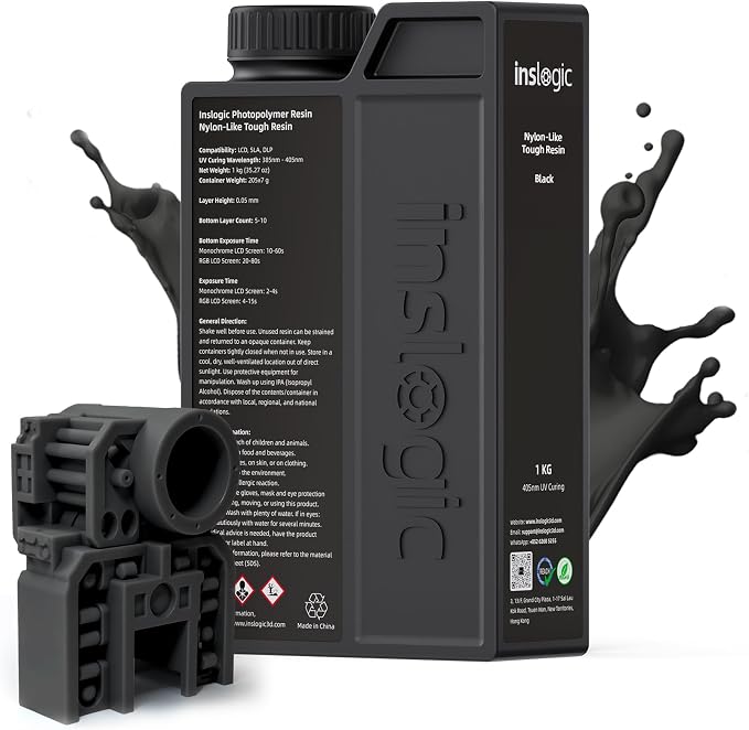 Inslogic Nylon-Like Tough 3D Printer Resin, High Impact Resistance & Flexibility for LCD, DLP, SLA Resin 3D Printers, Durable, Low Shrinkage, 365-405nm UV-Curing Resin for Functional Parts, 1kg, Black
