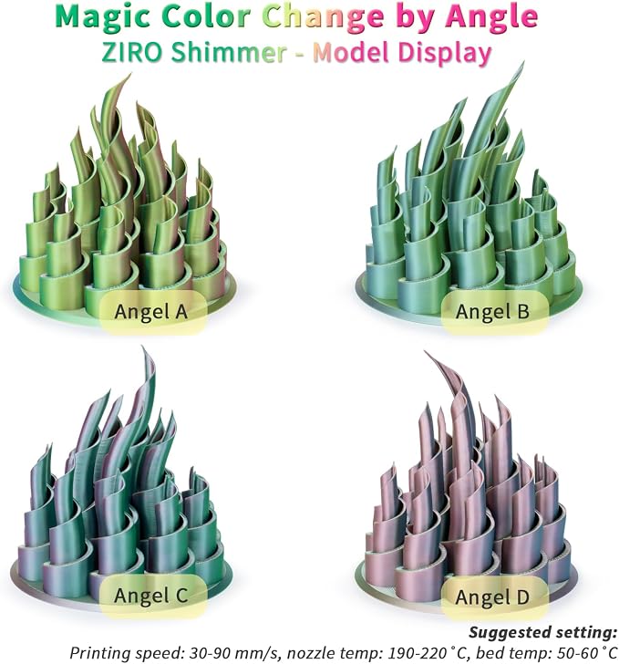 ZIRO Silk Tricolors PLA Filament Bundle, 4 Packs Color Change by Angle Shine Filament 1.75mm, Dimensional Accuracy +/-0.03mm, Fit Most FDM 3D Printer, 1KG x 4 Spool (Glossy Surface)