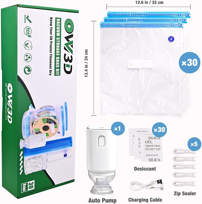 OVV3D Filament Storage Bags 30pcs, Plus Size 32X34cm 3D Printer Filament Storage Bags Vacuum Sealed Kit with 30 Desiccants, Auto Pump,Perfect for 3D Filament Storage or Using After Filament Dryer Box
