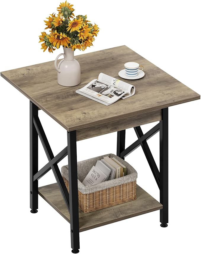 GreenForest Square End Table 24 Inch with X-Frame 2-Tier Storage | Nightstand for Living Room & Bedroom, Rustic Decor, Sturdy, Waterproof Scratchproof Top, Easy Assembly, Gray Wash