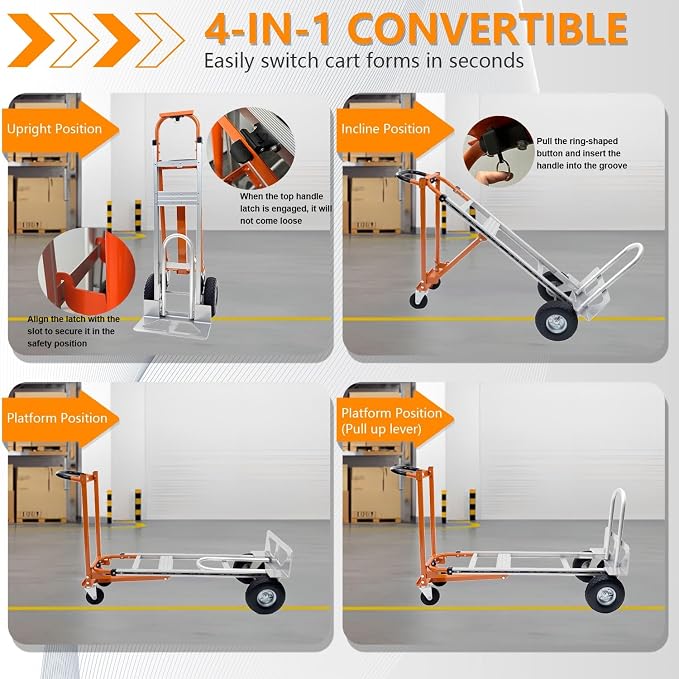 4 in 1 Convertible Hand Truck 1000LBS, Aluminum Folding Dolly Cart, SST Heavy Duty with Pneumatic Wheels & 4-Mode Switching for Moving, Warehouse, Construction, 51" Platform