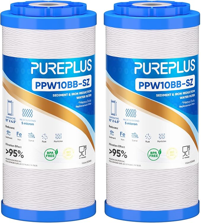 PUREPLUS 10"×4.5" String Wound Sediment Filter Compound With Iron Reducing Filter, Compatible With Whole House Water Filtration System For Well Water, 2 Pack