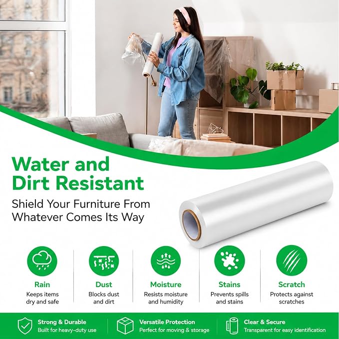 18in Stretch Wrap Roll, Heavy Duty 1500ft Shrink Wrap, 4 Pack with Handle | 80 Gauge, Industrial Strength, Clear Stretch Film, Self-Adhesive, Plastic Wrap for Pallet Wrapping Shipping Moving Furniture