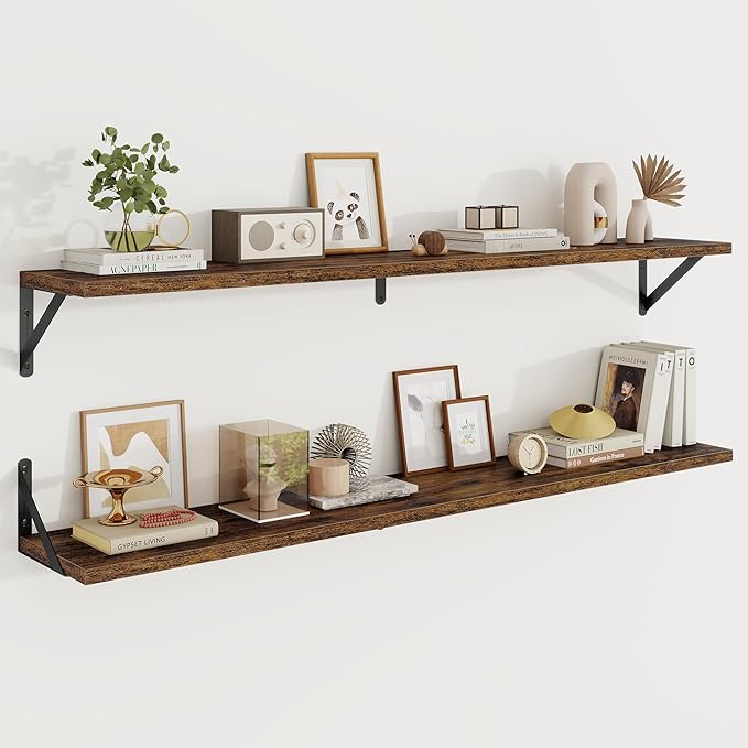 Floating Shelves 8 Inch Deep, 48W x 8D Wall Shelf Set of 2, 70 lbs Heavy Duty Reversible Metal Brackets, Industrial Book Shelf for Living Room Kitchen Bath Bedroom Gallery Wall, Rustic Brown