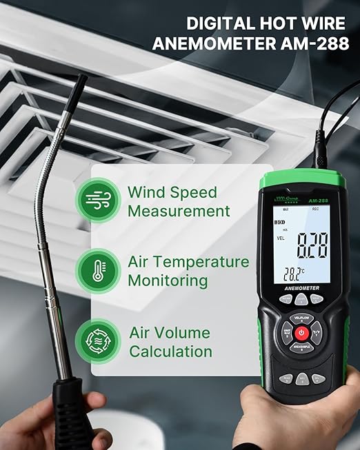 Hot Wire Anemometer AM-288 – HVAC Airflow Meter for Duct and Vent Testing, CFM/CMM Air Volume Calculation, Wind Speed & Temperature Measurement, Data Logging, USB PC Software