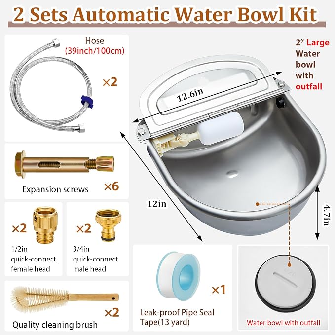Tessco for you 2 Pack 4.5l/1.2 Gallon/152 oz Large Automatic Livestock Water Bowl, Stainless Steel Horse Waterer Dispenser with Float Valve, Automatic Animal Waterer for Dog Pig Cattle Dog Goat Farm