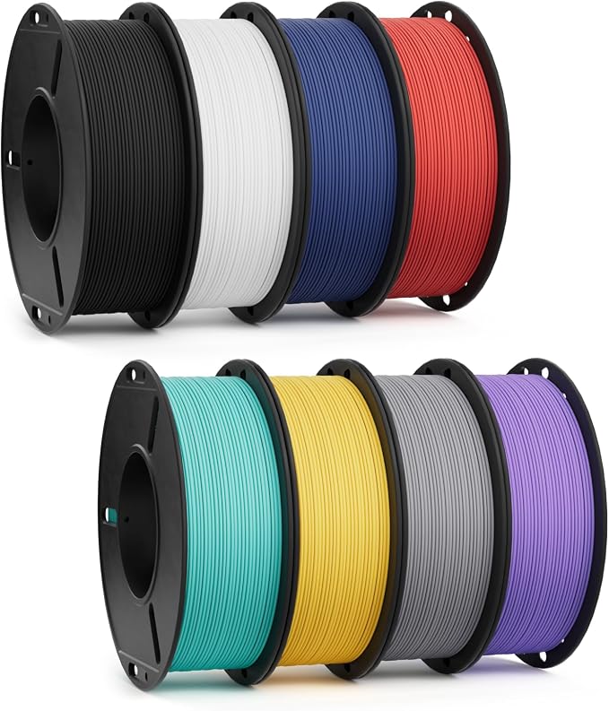 Matte PLA Filament 1.75mm 8 Pack 250g Bundle, 3D Printer Filament Dimensional Accuracy +/- 0.02mm, Black/White/Navy Blue/Ruby Red/Teal Green/Sunshine Yellow/Slate Grey/Lavender Purple