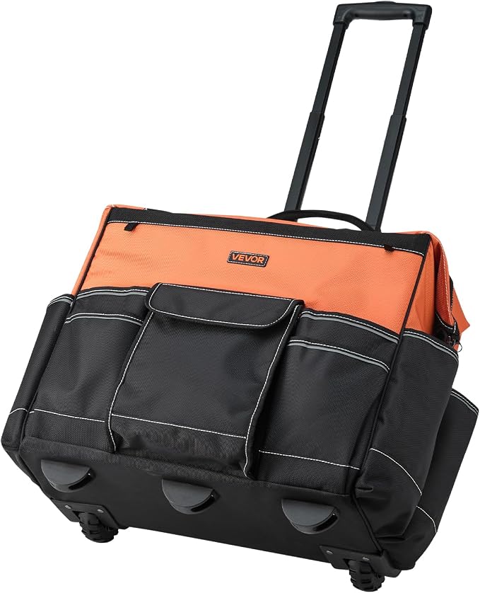 VEVOR 20" Rolling Tool Bag, 110 lbs Load Capacity, 27 Pockets Heavy Duty Roller Tool Bag on Wheels, Adjustable Telescoping Handle & Stable Base, Toolbag Organizers w/Wheels for Construction, Mechanic