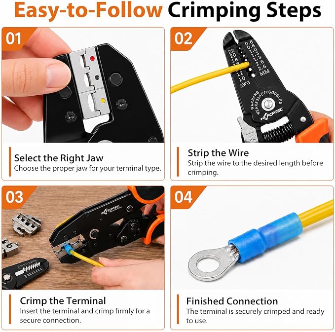 KF CPTEC 9PCS Quick-Change Wire Crimper Kit, Ratcheting Crimping Tool Set with Interchangeable Jaws, AWG 22-2, for Heat Shrink, Ferrules, Open Barrel, Insulated & Solar Connectors