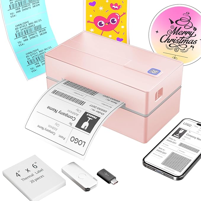 Bluetooth Thermal Shipping Label Printer: 4x6 Wireless Label Maker with Tape for Small Business - Compatible with iPhone, Android, Windows & Mac, Widely Used for USPS UPS Amazon Shopify, Pink