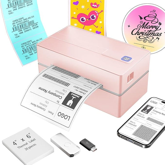 Bluetooth Thermal Shipping Label Printer: 4x6 Wireless Label Maker with Tape for Small Business - Compatible with iPhone, Android, Windows & Mac, Widely Used for USPS UPS Amazon Shopify, Pink