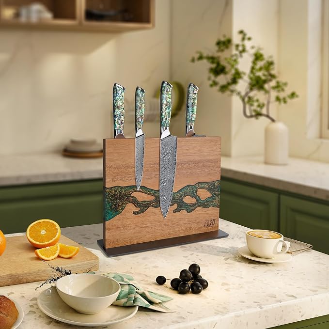 FINDKING Magnetic Knife Block, Double-Sided Knife Holder with Strong Magnets, Acacia Wood and Golden Green Resin, Countertop Kitchen Knife Storage Stand (12 × 10 Inches, Without Knives)
