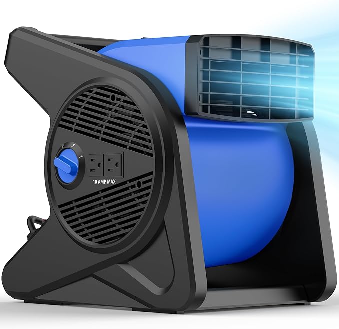 shinic 15" Utility Pivoting Blower Fan, Portable High Velocity Floor Blower with 2 120V Outlets, 3 Speeds Utility Fan Air Mover, Ideal for Work Shop Garage Gym Jobsite, Floor & Carpet Drying Use(Blue)