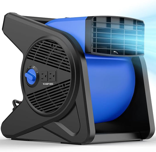 shinic 15" Utility Pivoting Blower Fan, Portable High Velocity Floor Blower with 2 120V Outlets, 3 Speeds Utility Fan Air Mover, Ideal for Work Shop Garage Gym Jobsite, Floor & Carpet Drying Use(Blue)