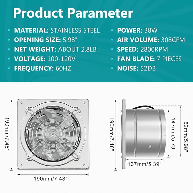 HG Power 6 Inch Exhaust Fan: Kitchen Exhaust Fans with Power Cord Attic vent Fan with Damper Wall Small Fume Extractor Ventilation Fan for Shop Chicken Coop Basement Smoking Room Garage Silver