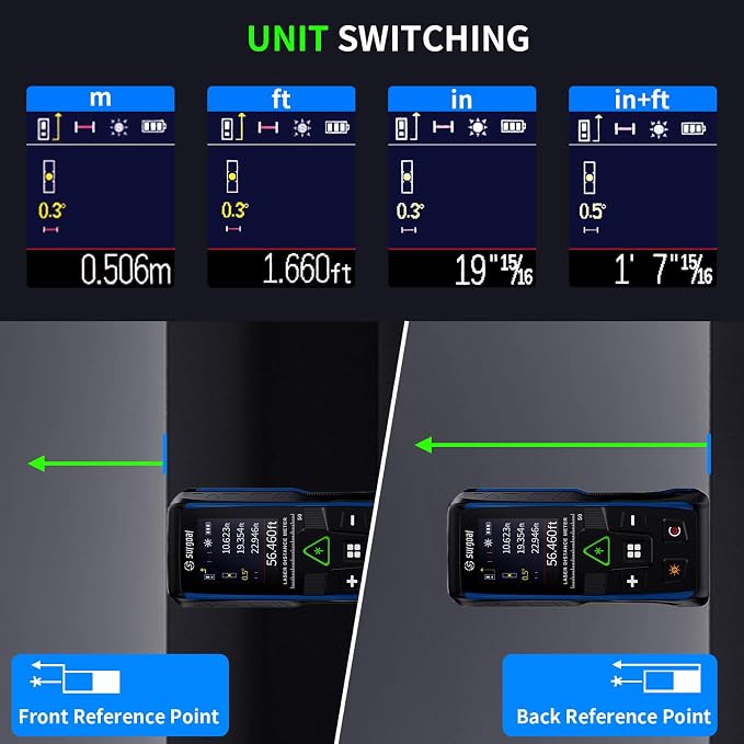 328Ft Green Laser Distance Meter – Digital Laser Measure with Angle Sensor, 4-Way Rotating Backlit LCD, Pythagorean Mode, Unit Switch, ±3mm Accuracy, Handheld Measuring Tool