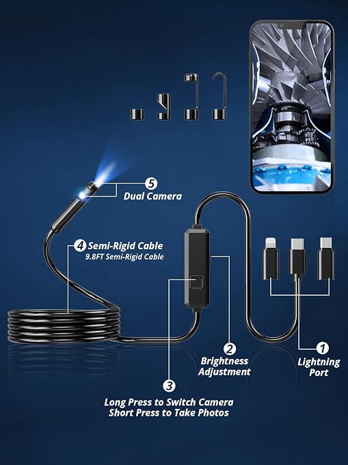 Acoath Endoscope Camera with Light, Dual-Lens 1920P HD Borescope with 8 Adjustable LED Lights, IP67 Waterproof Boroscope Inspection Tools, 9.8ft Semi-Rigid Snake Camera for iOS & Android