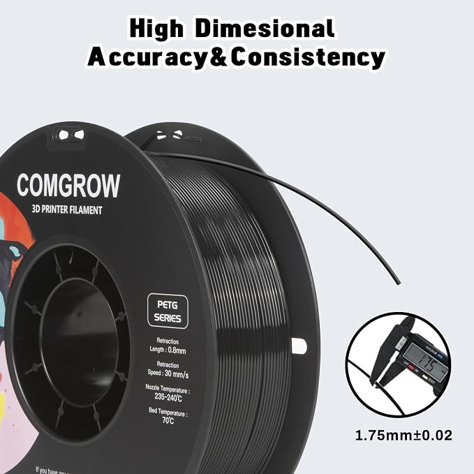 Comgrow PETG 3D Printer Filament 1.75mm, High Precision and Tough 3D Printer Filament 6 Rolls*1kg, Dimensional Accuracy +/- 0.02 mm, Fit Most 3D Printers Black