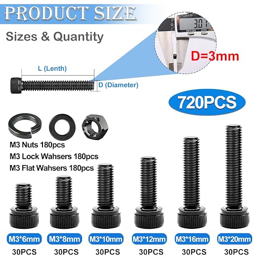 mxuteuk 720PCS M3 Screws Kit,M3×6/8/10/12/16/20mm M3 Screws Assortment Kits,12.9 Alloy Steel M3 Hex Socket Head Bolts Nuts Washers Set Suitable for 3D Printer,DIY