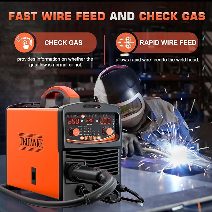 250A Aluminum Pulsed MIG Welder 110V/220V, 6 in 1 Gasless Flux Core MIG/Gas MIG(MAG) /Single Pulse MIG/Lift TIG/Stick/2T 4T Spot Multiprocess Welder with Synergic/Manual Control Welding Machine