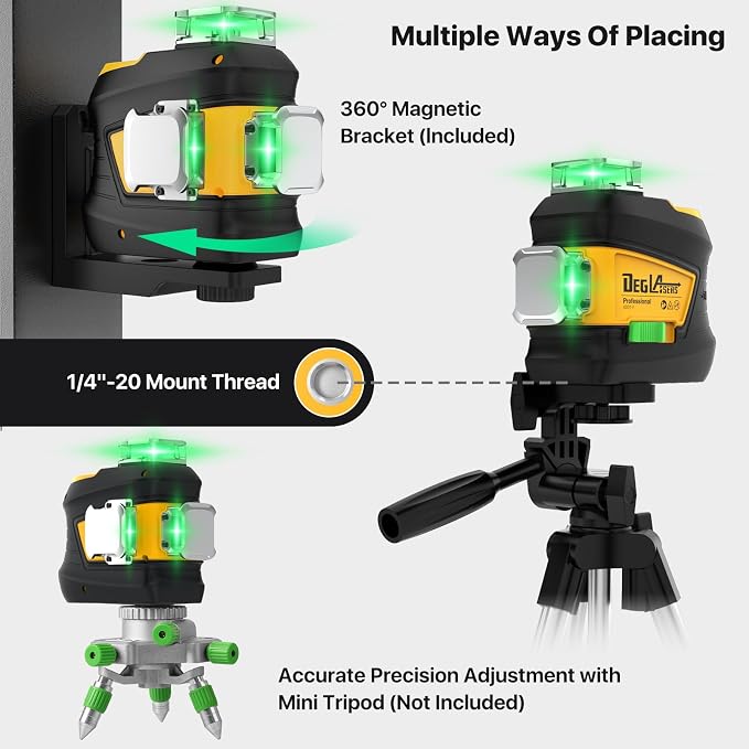 Laser Level 360 Self Leveling,DEGLASERS 3x360 Green Cross Line Laser Level for Construction and Picture Hanging with Rechargeable Battery(30Hrs), Remote Control, Magnetic Bracket, Portable Bag