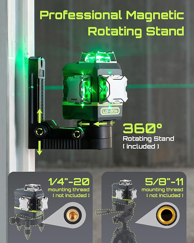 LasGoo Laser Level Self Leveling 360°x3 Green Cross Line Laser Tool for Construction and Picture Hanging, Remote Control, Professional Magnetic Rotating Stand, 2 Rechargeable Batteries - LG-3Ds