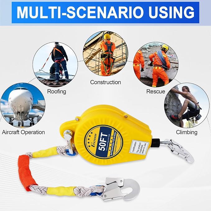 Self Retractable Lifeline Fall Protection Arrester 50FT Double Locking Roofing Safety Rope Lanyard Fall Arrest Gear, Dual Alloy Steel PPE shell Heavy Duty Hook Cable Wire