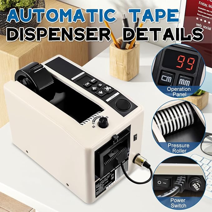Electric Tape Cutting Machine, Automatic Tape Dispenser Cutting 8-50mm Width 999mm Cutting Length, Ribbon Cutting Machine for Wrapping/Packing Office Shipping, Businesses, Home Use