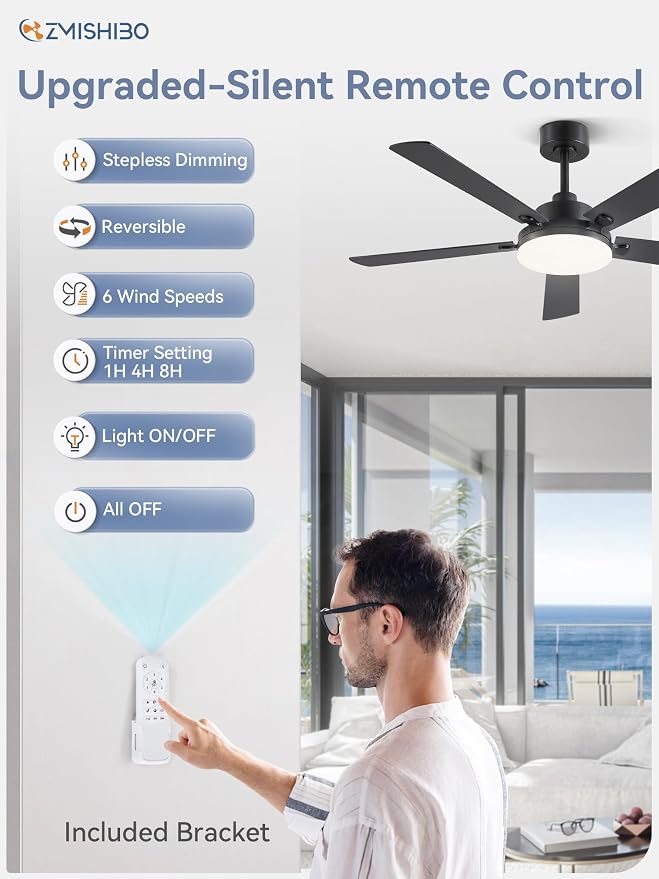 52 Inch Ceiling Fan with Remote, Indoor/Outdoor Black Ceiling Fan with Large LED Panel, Quiet Reversible DC Motor, 6-Speed, 3000-6500K Stepless Dimming, Modern Ceiling Fan for Bedroom, Living Room