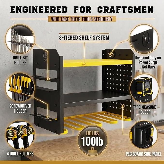 BUILTSTRONG Power Tool Organizer Wall Mount – 3-Tier Heavy-Duty Steel Rack, 4 Drill Slots, Pegboard + Utility Side, 100 lb Capacity – Garage, Workshop & Shed Storage (Yellow)