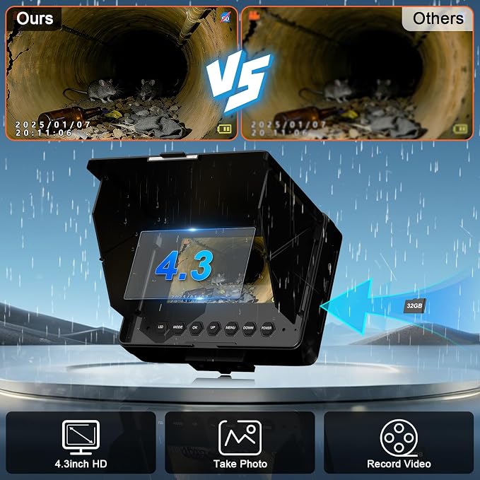Sewer Camera 100 FT, 4.3" HD Screen, 18mm Industrial Endoscope with DVR Function, 32GB Card, Portable Drain Camera with 8500mAh Battery,Ideal for Plumbers and Homeowners