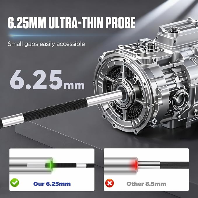 4-Way 360° Articulating Borescope with 6 Light, Endoscope Camera with 6.2mm Probe, 4.0Ft Semi-Rigid Cable, 8X Zoom Inspection Camera for Automotive Engine Pipe HVAC