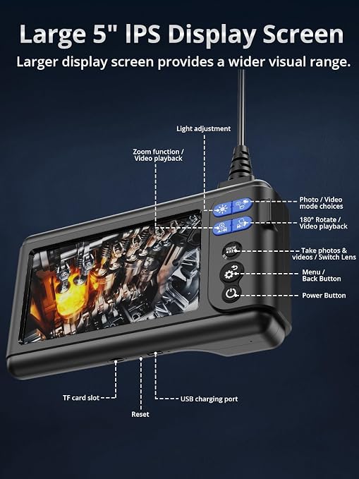 Acoath Borescope, Endoscope Camera with Light, Dual-Lens 1080P Industrial Inspection Camera, 5" IPS Screen, 32GB Card, IP67 Waterproof Sewer Tools - 9.8FT
