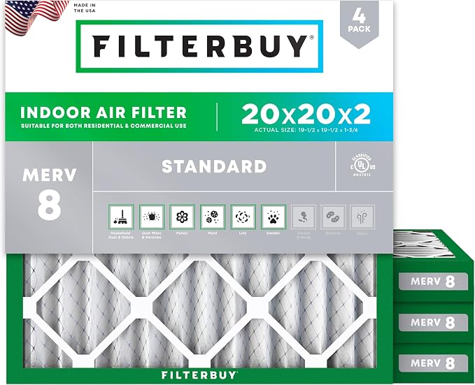 Filterbuy 20x20x2 Air Filter MERV 8 Essential Dust & Allergy Defense (4-Pack), Electrostatic Pleated HVAC AC Furnace Filters Replacement, Made in USA (Actual Size: 19.50 x 19.50 x 1.75)