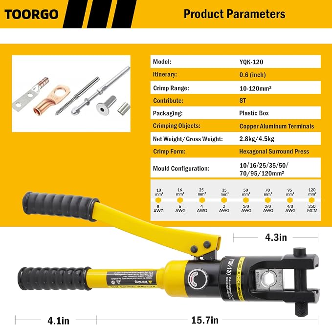 Cable Lug Crimping Tool, 8 AWG to 250 MCM Hydraulic Plier, 12 Ton Hand Crimping Tool for Wires, Terminal, Lug, Crimping Tool Kit with 8 Dies