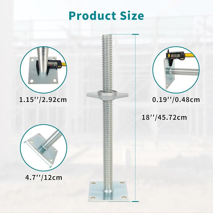 18" Adjustable Scaffolding Leaveling Jack, Galvanized Steel Soild Screw Jack with Base Plate, 4 Pack