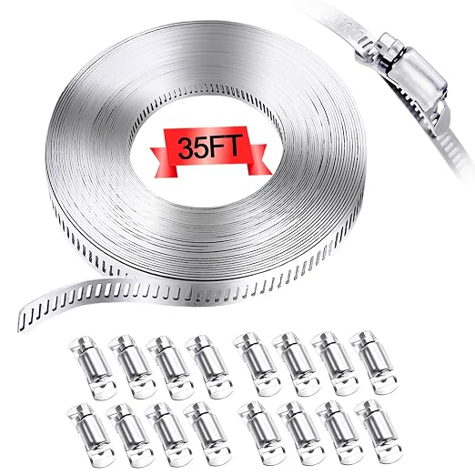 304 Stainless Steel Hose Clamp Assortment Kit,DIY 35FT Metal Strap + 16 Stronger Fasteners,Adjustable Worm Gear Hose Clamps Screw Clamps for Pipe,Tube,Duct and Fuel Line