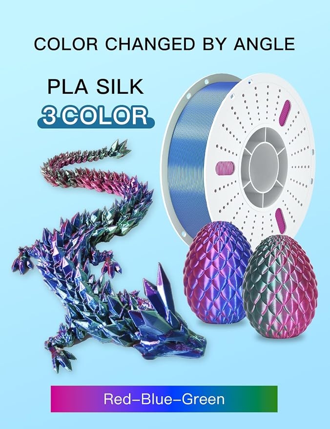 PINBALL Silk PLA 3D Printer Filament 1.75mm Shiny Silk Tricolor Filament 3D Printing PLA Filament Dimensional Accuracy +/- 0.02mm 1 KG Silk Red-Green-Blue