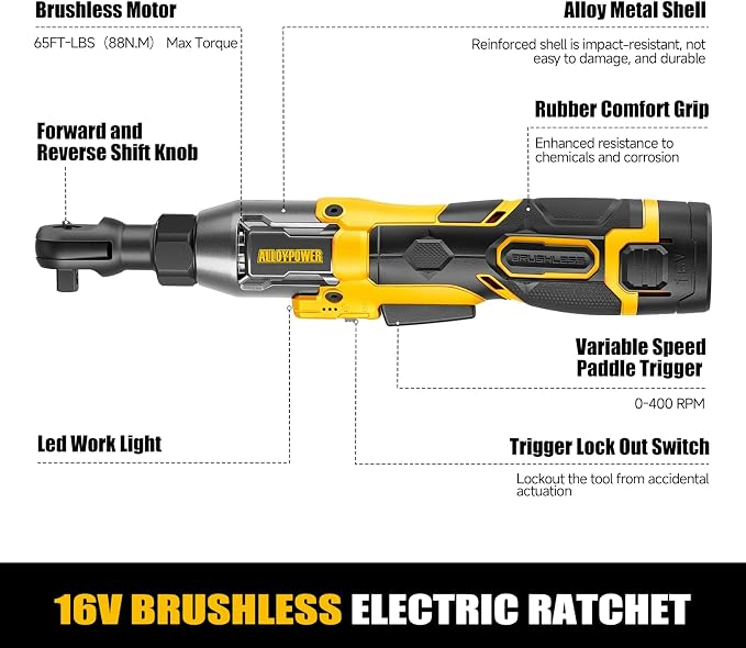 Cordless Ratchet Wrench, 3/8" 16V Brushless 65 ft-lbs, 2 Batteries | Drop-resistant alloy body,6 sockets (10-17mm), 1/4" & 1/2" adapters, 3" extension bar, fast charger, built-in LED, 0-400 RPM