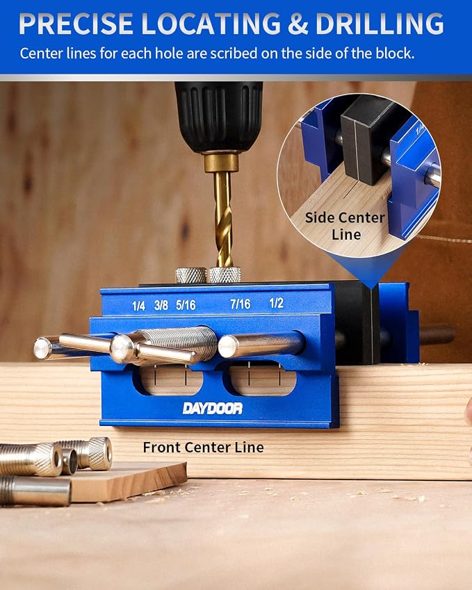 DAYDOOR 6.7" Self Centering Dowel Jig, Wide Capacity Doweling Jig & Drill Guide for Woodworking, Complete Kit with 6 Steel Bushings for Straight Holes(Blue)