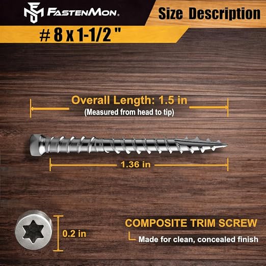 Composite Trim Screws, #8 x 1-1/2” Stainless Steel 304, 450pcs | Hidden Fastener For PVC & Wood, Outdoor Deck, Exterior & Finish Fasteners, Rust-Resistant, T-10 Star Drive, 2lbs