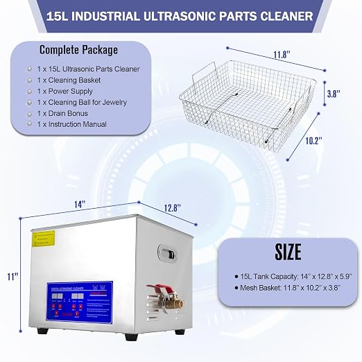 Ultrasonic Carburetor Cleaner, Ultrasonic Parts Cleaner 15L Industrial Ultrasonic Parts Cleaner with Heater&Digital Timer, Ultrasonic Carb Cleaner for Watch Dental Instrument Tool Parts Cleaning, 110V