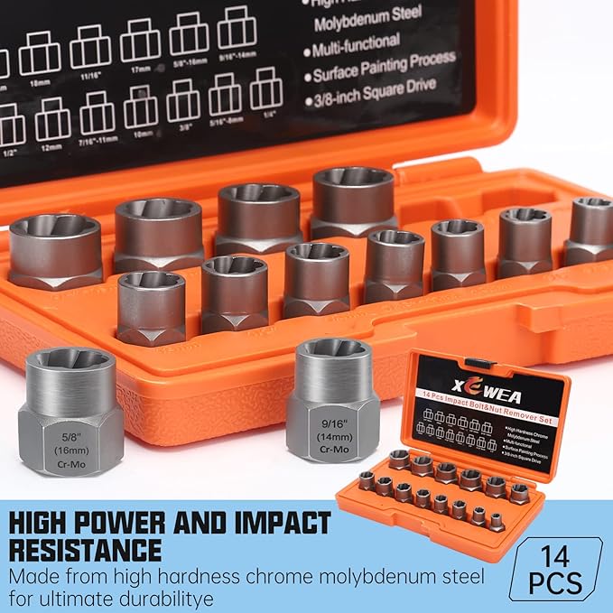 XEWEA Professional 14PCS Bolt Extractor Set, 3/8" Drive Impact Stripped Bolt Remover Socket Set for Removing Damaged Broken Rounded Off Bolt & Nut, Impact Grade Cr-Mo Steel with Case Father's Day Gift