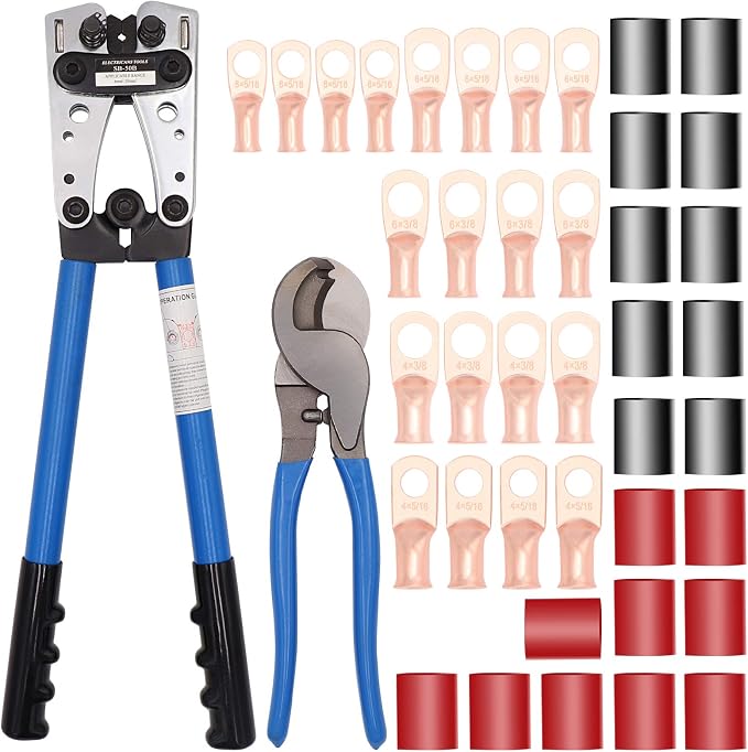 Battery Cable wire Lug Crimping Tool for AWG 8-1/0 terminals with Cable Cutter and 20PCS Tubular Ring Terminal Connectors and 20PCS 3:1 Dual Wall Adhesive Heat Shrink Tubing