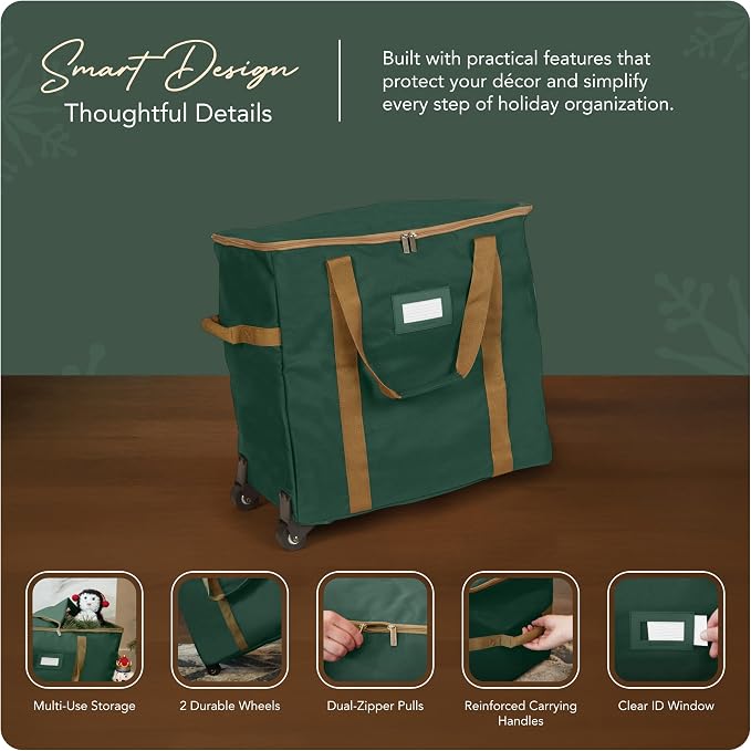 Covermates Keepsakes Rolling Treasurekeeper Storage Bag – Heavy-Duty Polyester with Dual Wheels & Handles – Protects Holiday Decorations with ID Window & Dual Zipper Access, Green