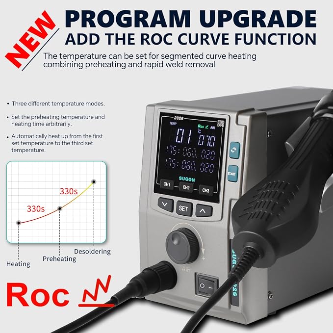 SUGON 2026 Hot Air Rework Station 700W, Standard/Curve heating mode, 4 Air Nozzle, 3 Memory storage, Sleep mode, ℃ / ℉,212℉-932℉, SMD Hot Air Station with Replace Air Nozzle Bracket